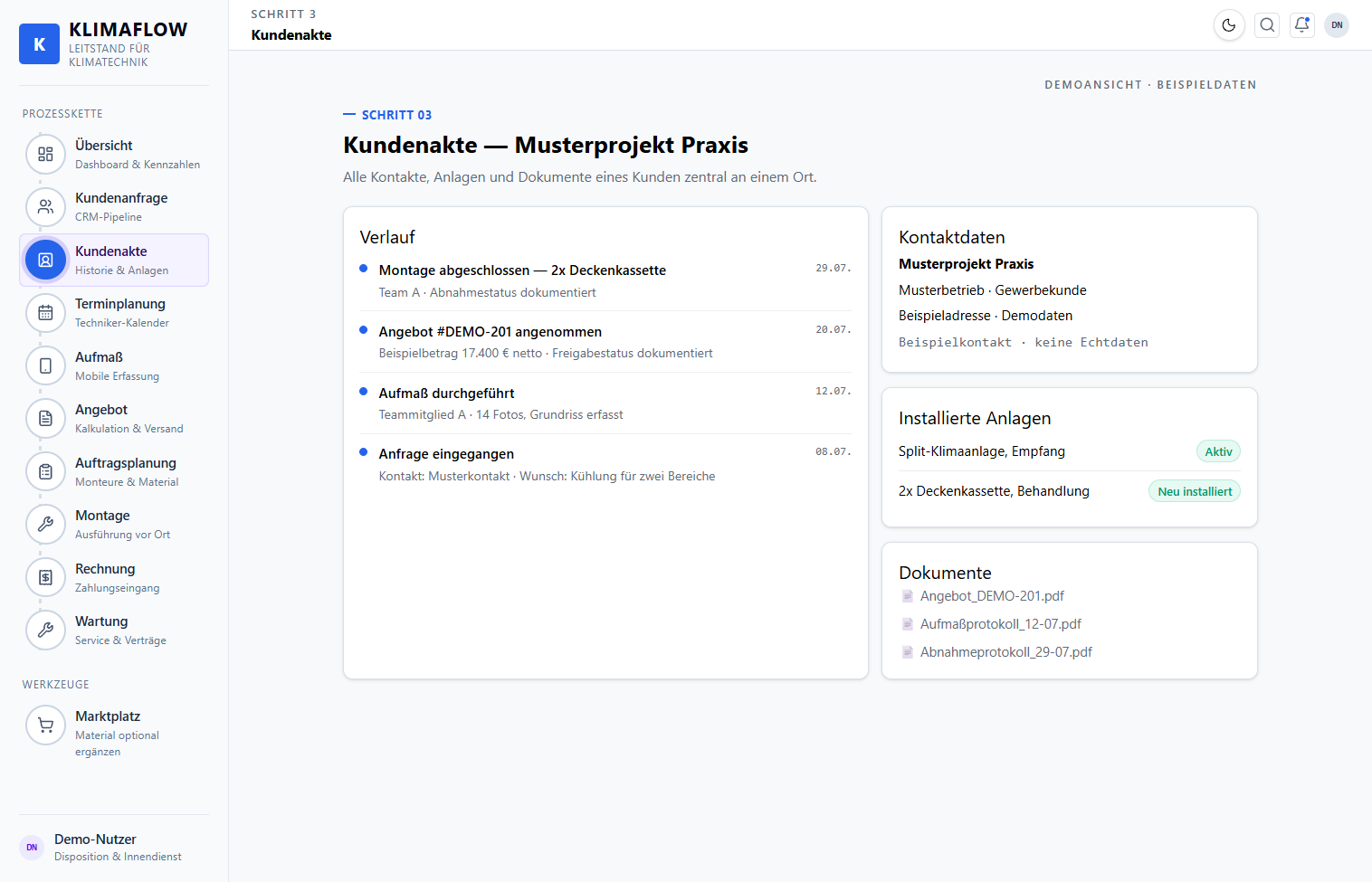 KlimaFlow-Kundenakte mit Anlagenhistorie, Dokumenten und Verlauf