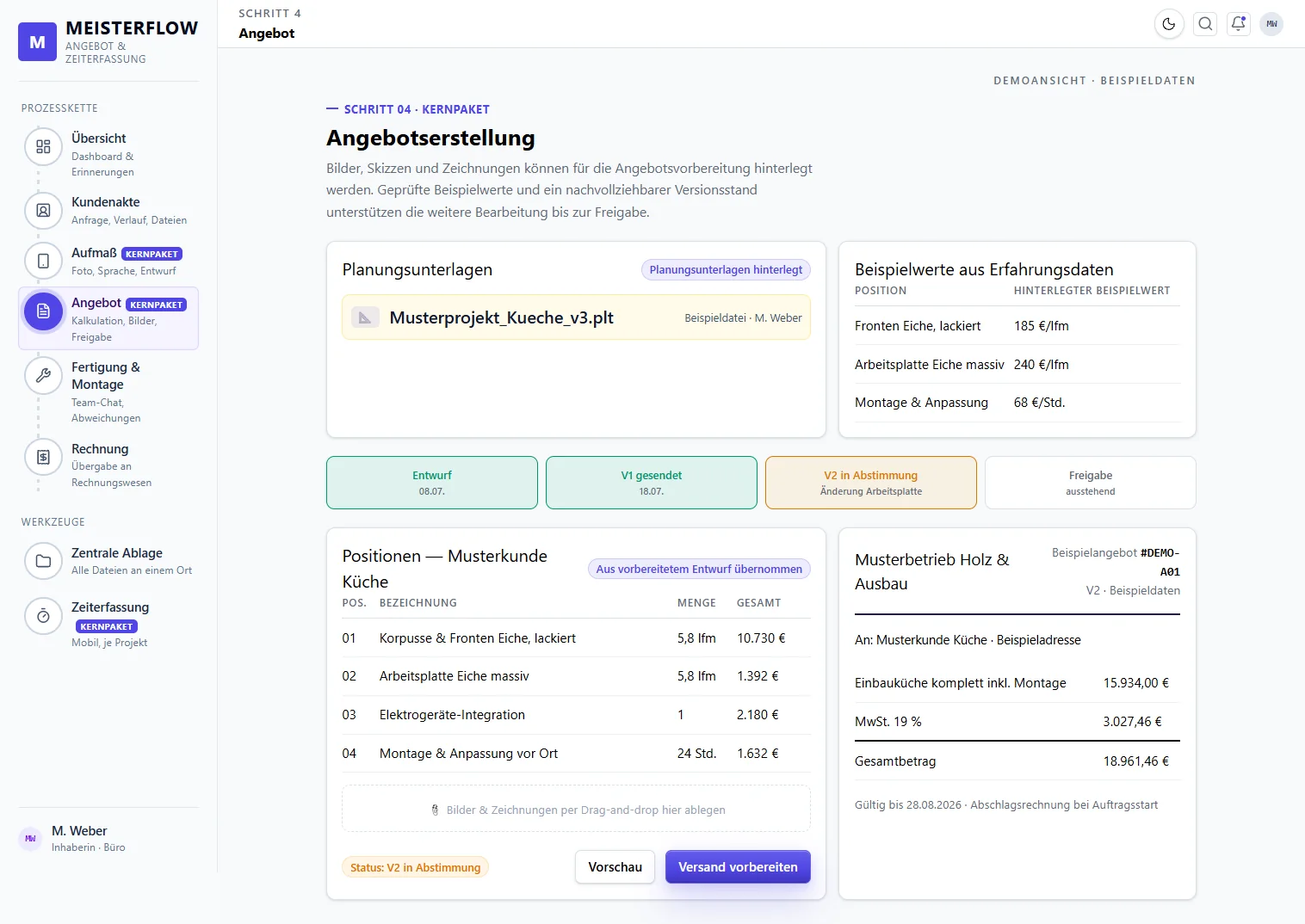 MeisterFlow-Angebotsansicht mit Planungsunterlagen, Positionen und Dokumentvorschau