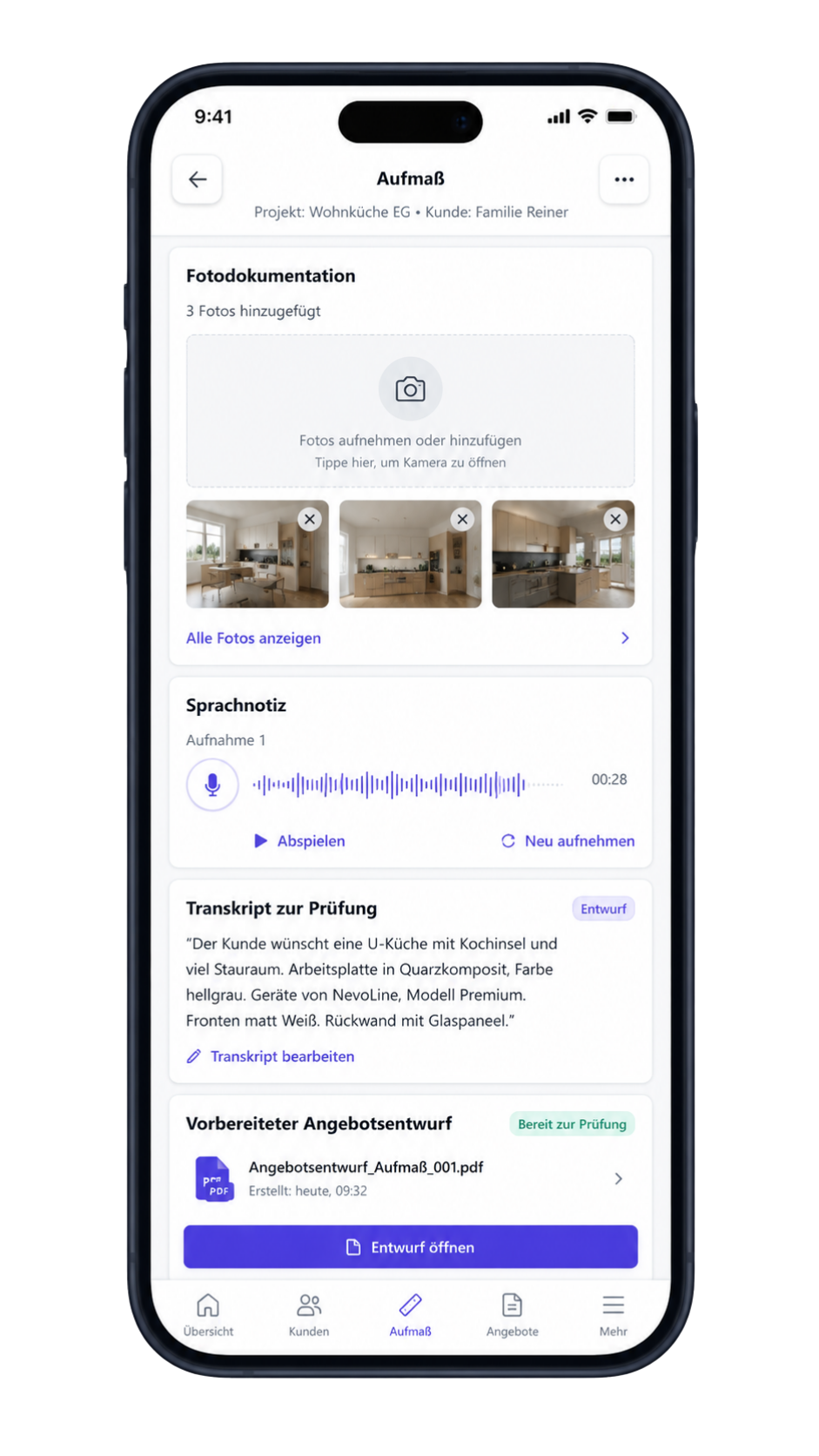 Mobile MeisterFlow-Aufmaßansicht mit Fotodokumentation, Sprachnotiz und Transkript